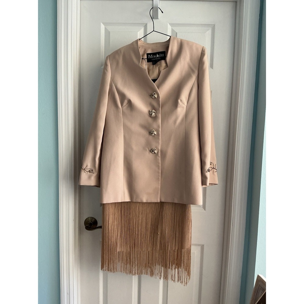 Moschita Couture Women's Suit Jacket Fringe Skirt Set Size 10 Blush Beige